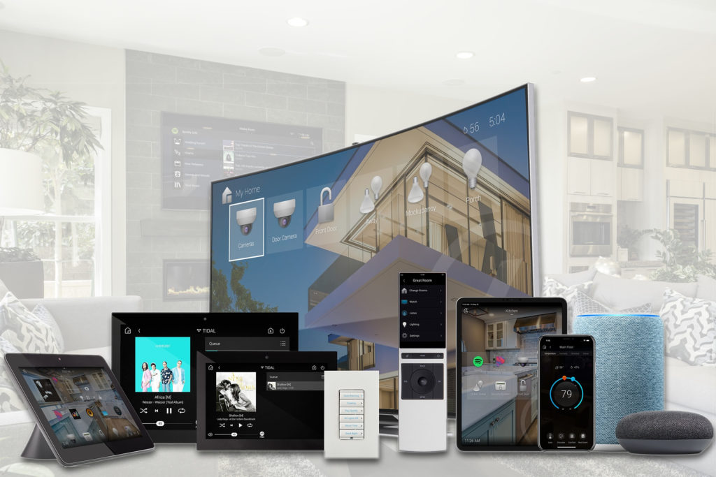 Control4 interface shown on a TV, touchscreens, remotes and phones