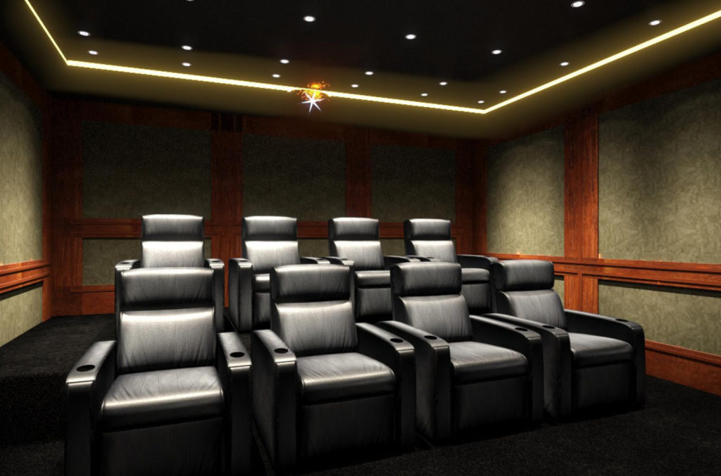 3D render of a planned home theater with two rows of recliners