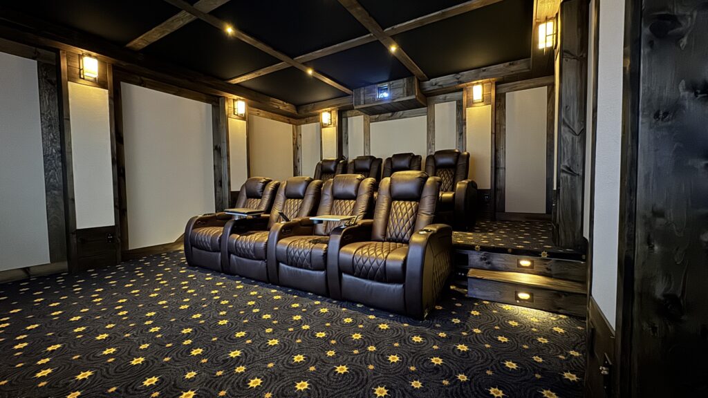 Two rows of leather theater recliners under warm sconces in the Brookside home theater